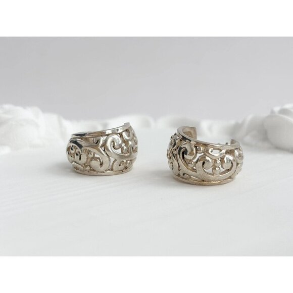 Filigree Style Sterling Silver Chunky Vintage Victorian Little Hoop Earrings - Picture 7 of 10